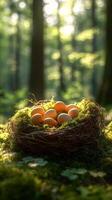 Nestled eggs in sunlit forest clearing with mossy surroundings photo