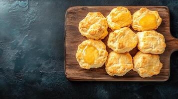 A charming wooden cutting board lavishly spread with a bountiful array of freshly baked biscuits ready to serve photo