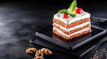 A decadent piece of cake topped with a cherry, beautifully presented on a white plate ready for indulgence photo