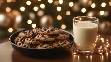 A tasty bowl of chocolate chip cookies accompanied by a refreshing glass of milk on a rustic wooden table photo