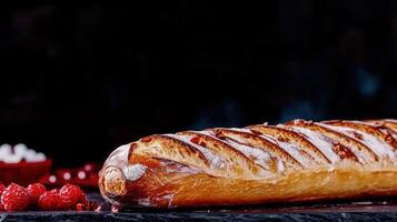 A flaky croissant perfectly placed next to a bunch of fresh juicy raspberries on a light wooden background photo