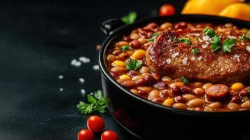 A hearty bowl filled with savory beans and tender meat placed on a table ready for a delicious and nutritious meal photo