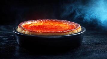 A freshly made pizza in a pan ready to be served with toppings that showcase vibrant colors and textures photo