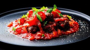 A stylish plate of gourmet food elegantly displayed on a black table setting for an upscale dining experience photo