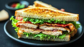 A delicious sandwich placed on a white plate ready to be enjoyed with fresh ingredients and perfectly toasted bread photo