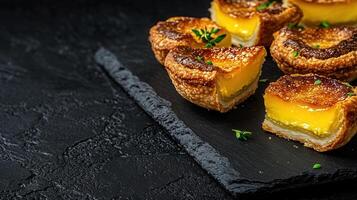 Elegant presentation of gourmet food served on a black surface showcasing culinary art and creativity photo