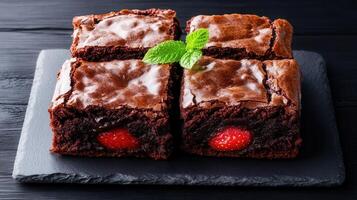 A luxurious chocolate brownie topped with a fresh strawberry sitting elegantly on a plate for an irresistible dessert experience photo