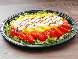 Nutritious salad with hard-boiled eggs and ripe tomatoes for a flavorful and healthy meal on a plate ready to enjoy photo
