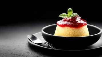 An exquisite dessert beautifully served on a fine porcelain plate with an artistic touch and vibrant colors photo