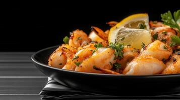Savory plate of juicy shrimp accompanied by bright lemon slices for a tantalizing culinary delight photo
