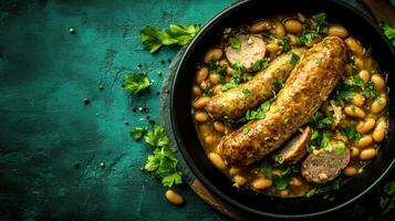 A generous bowl of flavorful beans mixed with tender meat perfectly arranged on a table for a wholesome dining experience photo
