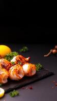 A beautifully plated dish of juicy shrimp accompanied by fresh lemon wedges for a flavorful and zesty dining experience photo