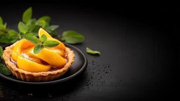 Delightful dessert featuring a fresh slice of peach that adds a fruity twist to this sweet culinary creation photo