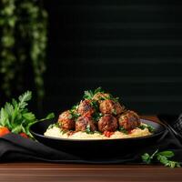 A plate of flavorful meatballs accompanied by a generous serving of steamed rice for a balanced meal photo