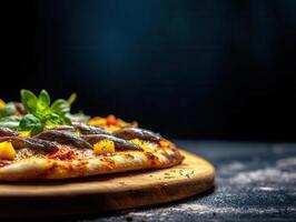 Tempting pizza with one slice taken out revealing tasty toppings and cheesy goodness perfect for sharing with friends photo