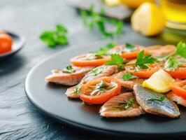 Elegant plate of grilled salmon accompanied by fresh seasonal vegetables on a rustic wooden table photo