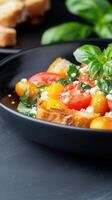 Inviting plate of food accompanied by freshly baked bread for a delightful dining experience photo