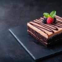 A delicious chocolate cake artfully served with a raspberry adding a touch of color and flavor to the dessert presentation photo