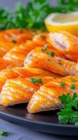 An exquisite plate of shrimp served with parise accompanied by fresh ingredients for a sophisticated seafood meal photo