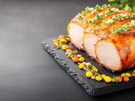 A flavorful piece of chicken perfectly cooked and presented on a slate for a rustic dining atmosphere photo