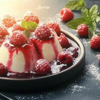 Tempting dessert with raspberries syrup and creamy ice cream creating a flavorful combination for sweet lovers photo