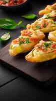 A beautiful wooden board displaying an array of appetizers perfect for sharing at a social gathering or celebration photo