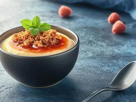 A warm bowl of comfort food with a spoon ready to serve, perfectly presented on a cozy dining table setup photo