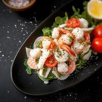Fresh salad with succulent shrimp and juicy tomatoes creating a colorful and nutritious meal experience photo