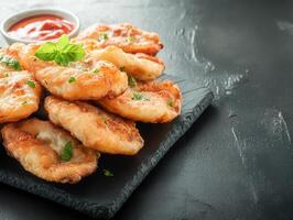 A delicious plate of fried shrimp served with tangy dipping sauce and accompanied by fresh lemon slices and greens photo