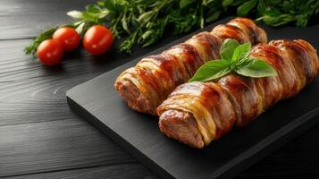 Delectable plate of bacon wrapped in bacon showcasing a unique twist on a classic dish perfect for meat lovers photo