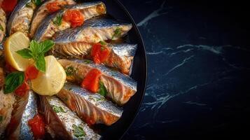 Deliciously plated fish dish accompanied by fresh lemon slices and ripe tomatoes creating a colorful meal experience photo