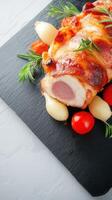 Tender chicken dish accompanied by fresh tomatoes and golden potatoes for a wholesome family meal photo