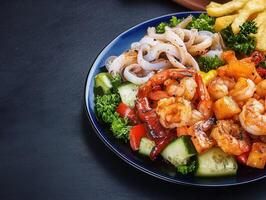 Elegant plate of food arranged on a table for a cozy dining experience featuring fresh ingredients and culinary art photo