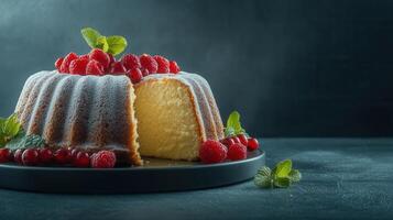 Deliciously decorated cake with bright raspberries and a slice removed to reveal its mouthwatering layers inside photo
