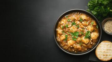 Hearty bowl of warm stew accompanied by fresh bread and parsley on a cozy dining table setting photo