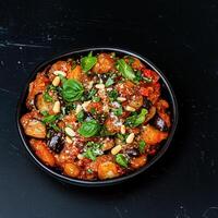 A cozy bowl of nutritious food placed on a rustic table, inviting you to savor every bite of this comfort meal photo