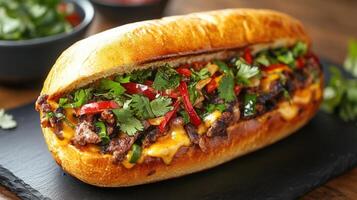 Hearty sandwich loaded with fresh meat and crisp vegetables served on a rustic wooden table for a satisfying meal photo