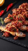 Vibrantly presented plate of food featuring delicately cooked fish surrounded by colorful garnishes on a table photo