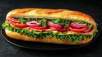 Fresh and tasty sandwich layered with crisp lettuce and juicy tomatoes served on a plate for quick enjoyment photo