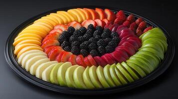 Exquisite fruit platter with an assortment of sliced fruits beautifully arranged for a refreshing culinary experience photo