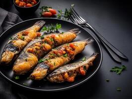 Beautifully plated dish of fish decorated with a fork and accompanied by a bowl of fresh, ripe tomatoes photo