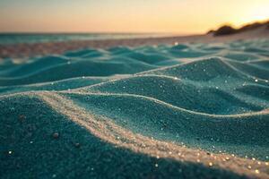 wavy sand dunes with glistening grains of sand, captured at sunset, creating a serene and peaceful background photo