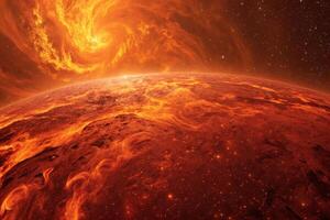 A fiery planet surrounded by swirling lava and flames in deep orange hues with distant stars glowing in the background Background photo