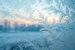 Frosted window with intricate ice patterns and a soft, snowy landscape bathed in the gentle glow of a winter sunrise photo