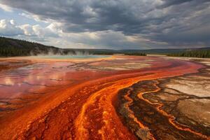 An intense and fiery world with molten rivers and explosive heat, creating a fiery atmosphere with glowing sparks Background photo