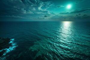Serene seascape with moonlight glimmering on the ocean surface, gentle waves creating a calming and mystical atmosphere photo