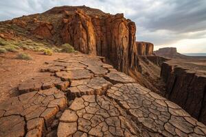 Cracked earth leading towards towering rock formations in a dry desert canyon with dramatic lighting and clouds, perfect for Background photo