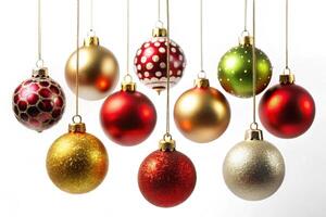 A collection of beautifully decorated Christmas tree ornaments in red, green, gold, and silver, hanging on strings isolated on a white background photo