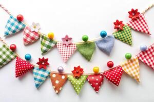 Vibrant fabric bunting with cute patterns, perfect for adding charm to any party or event with a playful, colorful touch photo