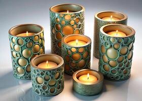 Vibrant decorative candles featuring colorful patterns and glossy finishes, ideal for creating a stylish and warm ambiance in modern interiors photo